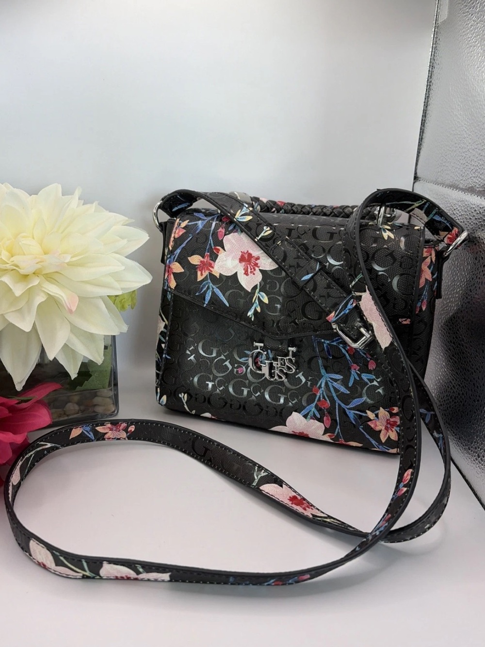 Guess “Kalei” Monogram Floral Print Crossbody Bag